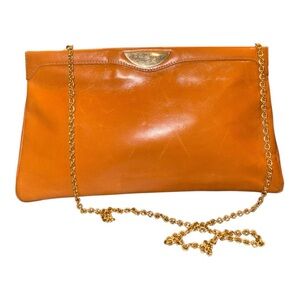 Rodo Vintage Leather Clutch Bag Cognac Envelope Gold Chain Strap FB1